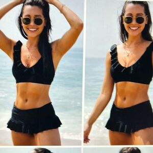 NWT Beachsissi Black Ruffle Shoulder Swim Skirt Bikini set, Size Large